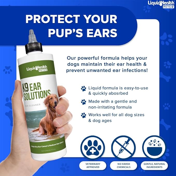 LIQUIDHEALTH 12 Fl Oz K9 Dog Ear Cleaner Wash Solutions - Infection Cleaning Hygiene Treatment Drops for Dogs, Canines and Puppies 3 - Pack