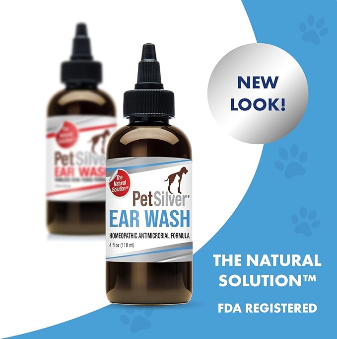 PetSilver Natural Ear Wash Flush with Patented Chelated Silver Formula, Cat and Dog Ear Cleaner and Treatment, Sooth and Clean Itchy and Inflamed Ears, Easy to Use, Made in USA, 4 oz.