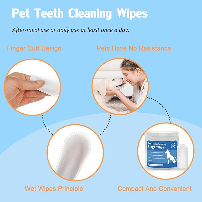Pet Teeth Cleaning Wipes for Dogs & Cats, Dog Dental Care Wipes No-Rinse Dog Tooth Brushing Kit for Reducing Plaque and Tartar,Portable Finger Pet Wipes, Dog Breath Freshener 50 Counts
