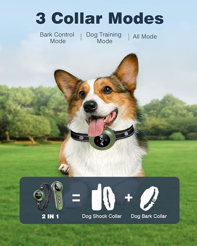 2-in-1 Dog Shock Collar & Dog Bark Collar - Smart Anti Barking Dog Training Collar with 5 Adjustable Sensitivity & 3300FT Remote for All Breeds IP67 Waterproof Rechargeable E-Collar (Green)