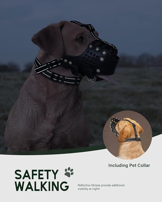Dog Muzzle, Anti-Escape Leather Basket Muzzle for Medium and Large Dogs, Pitbull Dog Muzzle Leather Amstaff Muzzles Staffordshire Terrier Secure Basket, Prevents Biting, Barking and Chewing(Black,XL)