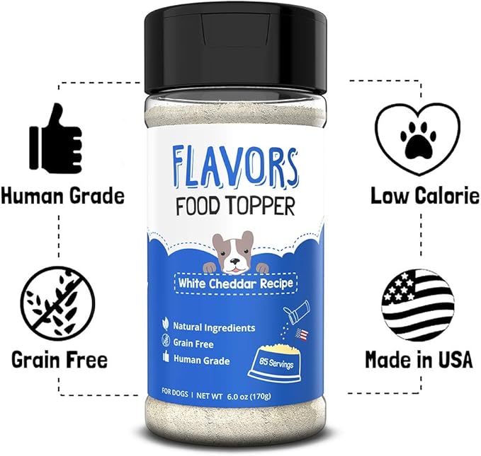 Flavors Food Topper for Dogs - White Cheddar Recipe - Natural, Grain Free - Perfect Seasoning, Gravy, Sprinkle and Liquid Treat Mix for Picky Dog or Puppy, 6 oz