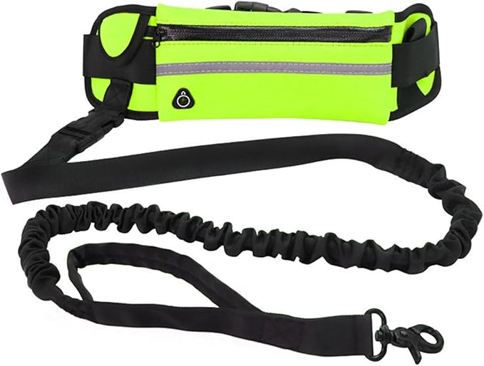 Hands Free Dog Leash with Pouch,Adjustable Waist Belt Fanny Pack Dual-Handle Reflective Bungee Leash for Medium to Large Dogs for Running Walking Training Jogging,Fluorescent