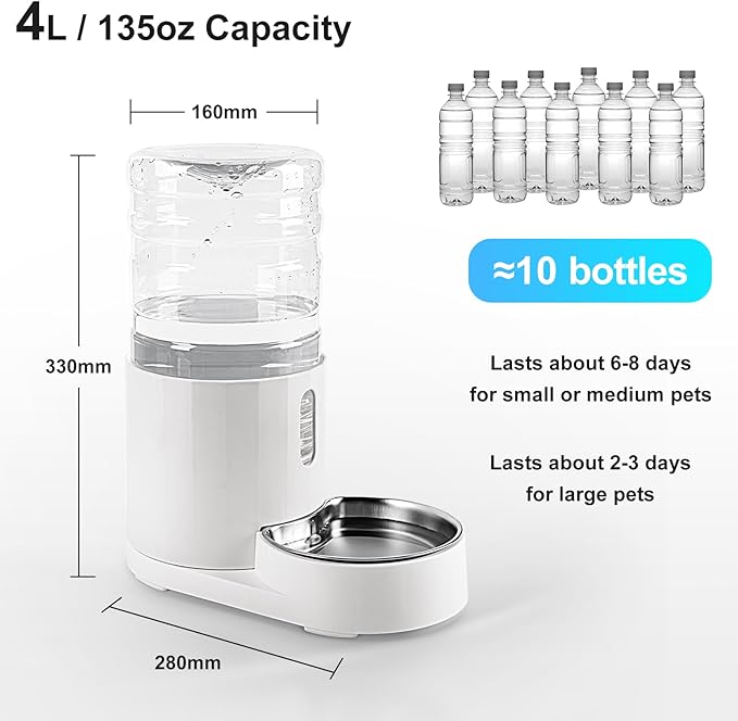 CZPET Dog Water Bowl Dispenser, 4L Stainless Steel Bowl, Automatic Gravity Cat Water Dispenser, Cat Water Bowl, Safe and Unplugged for Pet, White