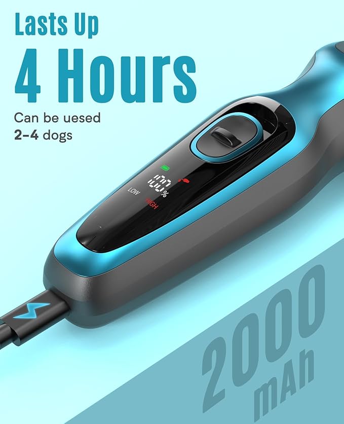 oneisall Dog Clippers for Grooming 2-Speed Super Power Dog Clippers 50dB Quiet Rechargeable Cordless Dog Trimmer with Detachable Stainless Steel Blade for Small & Large Dogs with Thick Coats