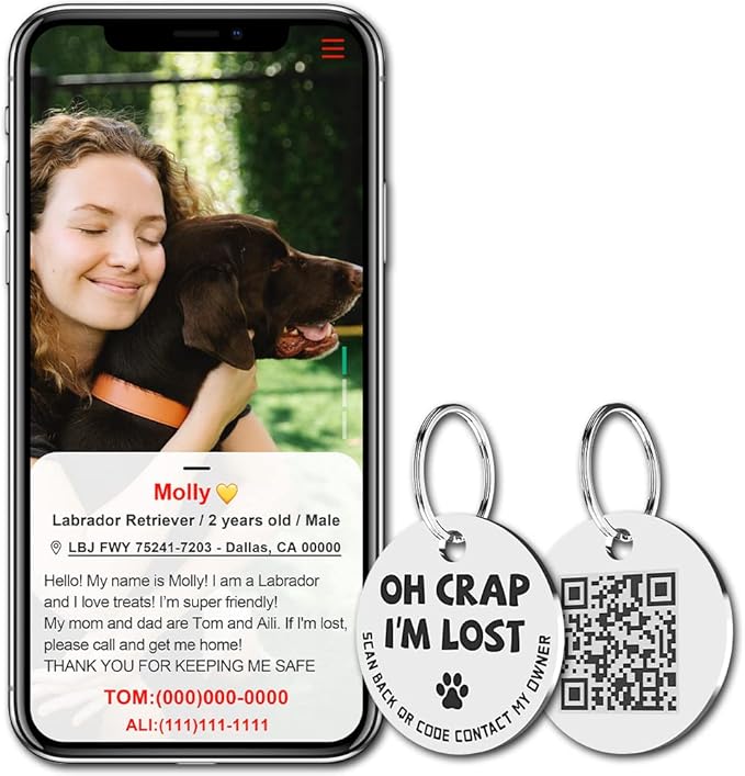 MYLUCKYTAG Stainless Steel QR Code Pet ID Tags Dog Tags - Pet Online Profile - Scan QR Receive Instant Pet Location Alert Email