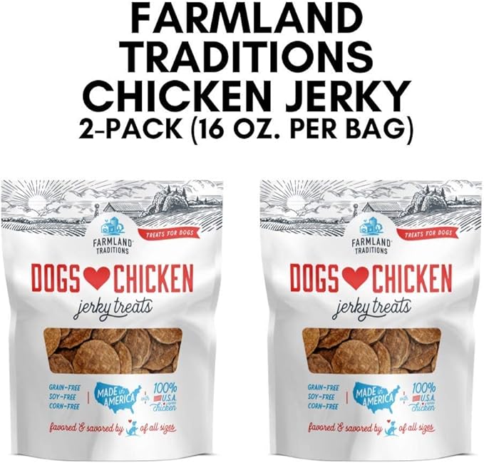 Farmland Traditions Filler Free Dogs Love Chicken Premium Jerky Treats for Dogs, 2 lbs. Total (2 Pack-1 lb. Each)