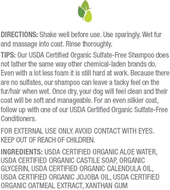 Pure and Natural Pet USDA Certified Organic Fragrance Free Hypoallergenic Shampoo (Fragrance Free) 16 oz.