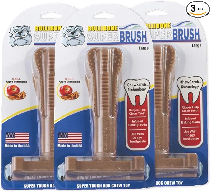 Bullibone SuperBrush: Dog Teeth Cleaning Brushing Toothbrush Stick - Long Lasting Nylon Apple Cinnamon Chew Toy for Oral Care and Dental Health