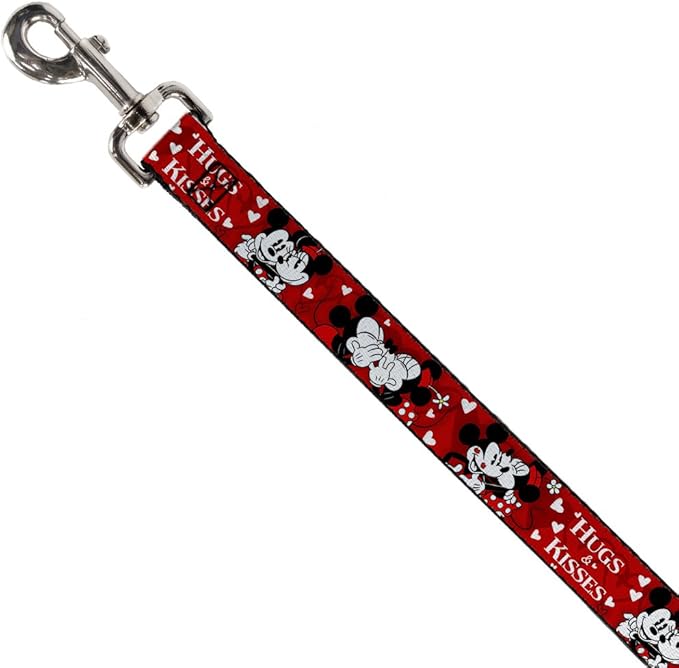 Dog Leash Mickey Minnie Hugs Kisses Poses Reds White 6 Feet Long 1.0 Inch Wide