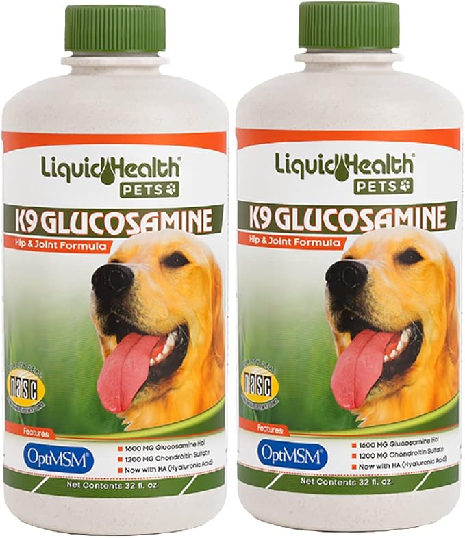 LIQUIDHEALTH 32 Oz K9 Liquid Glucosamine for Dogs, Puppies and Senior Canines - Chondroitin, MSM, Hyaluronic Acid – Joint Health, Dog Vitamins Hip Joint Juice, Dog Joint Oil (2-Pack)