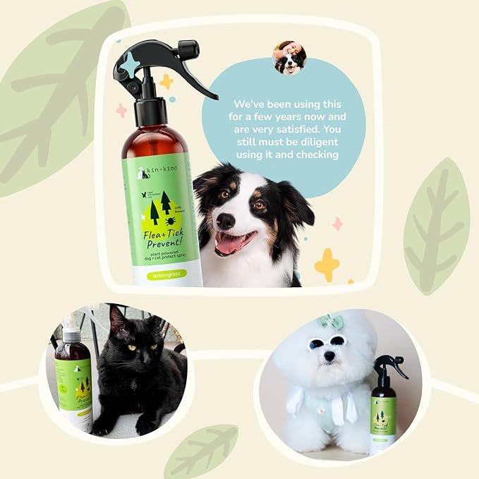 kin+kind Plant-Based Flea & Tick Spray for Dogs and Cats with Lemongrass - Essential for Flea & Tick Treatment - Flea Spray for Dogs and Cats - Pet Supplies 12 fl oz