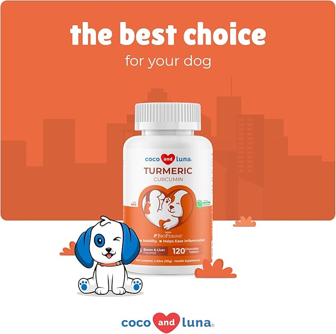Turmeric for Dogs Anti Inflammatory Pain Relief - 120 Chewable Tablets Hip & Joint Support with Curcumin and BioPerine, Antioxidant, Cardiovascular Health