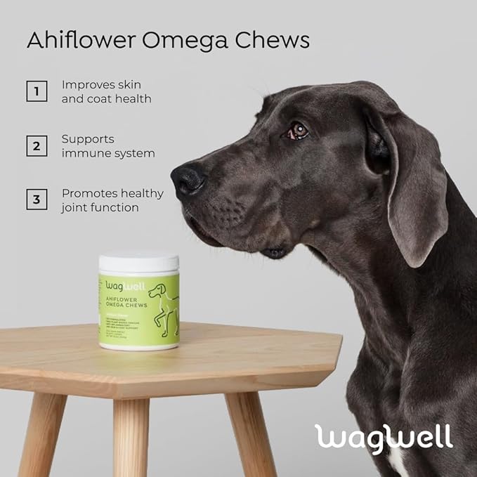 Ahiflower Omega Oil Dog Chews - Vet-Formulated Skin, Coat, Hip and Joint Chews for Dogs - Plant-Based Omega 3, 6 and 9 Supplement - Natural Chicken-Flavored Dog Omega Oil Bites, 60 Soft Chews