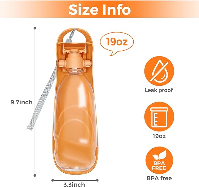 2Pack Dog Water Bottle, 19oz Collapsible Dog Travel Water Bottle, Portable Dog Water Dispenser with Foldable Drinking Cup Bowl for Walking, Hiking, Lightweight, Leak-Proof, BPA Free, Orange
