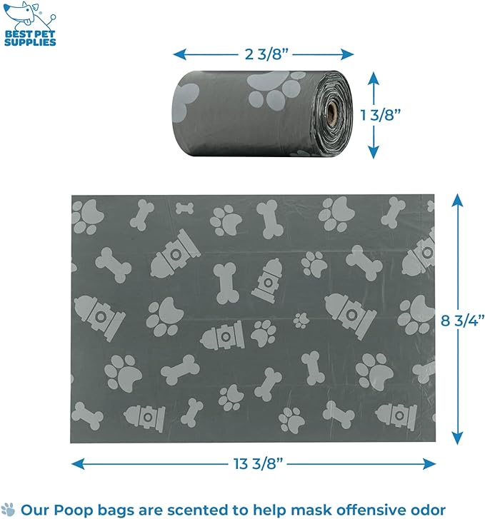 Best Pet Supplies Dog Poop Bag Holder Leash Attachment with 30 Bags, Reusable Dispenser for Travel, Walking, Park, and Outdoor Use, Durable with Clip-On - Gray, Pack of 2