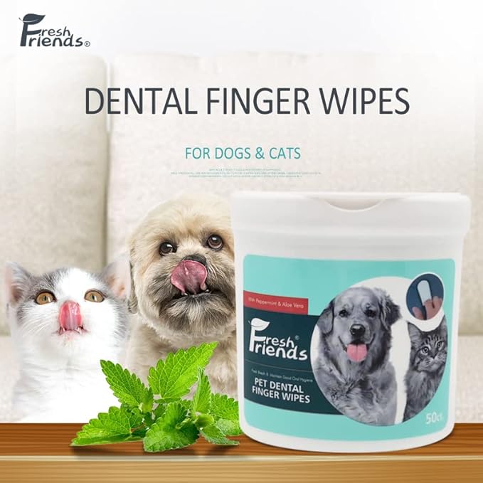 FRESH FRIENDS Best Dog Dental Care Finger Wipes - Reduces Plaque & Freshens Breath - Dental Wipes for Dogs Teeth Cleaning - Dog Dental Wipes - Dog Tooth Wipes - 50 Count - Peppermint & Aloe Vera