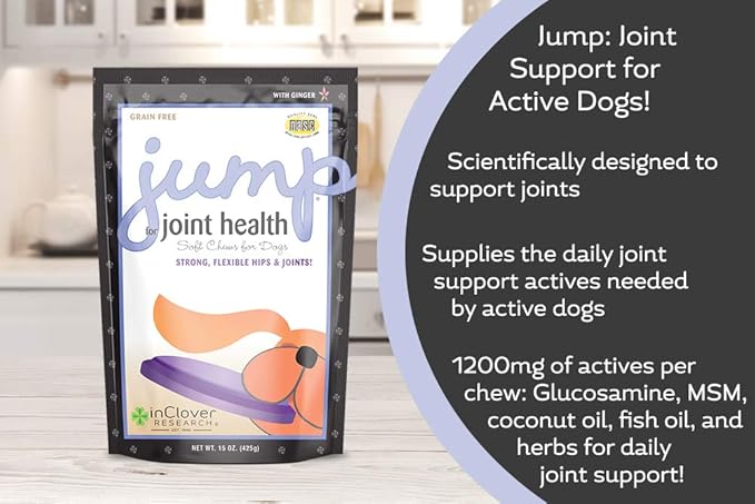 In Clover Jump Soft Chews for Daily Joint Care and Endurance Support for Dogs with Glucosamine HCl, MSM, Fish Oil, Ginger, Yucca, and Coconut Oil for All Life Stages, 5.3 oz. (30 count)