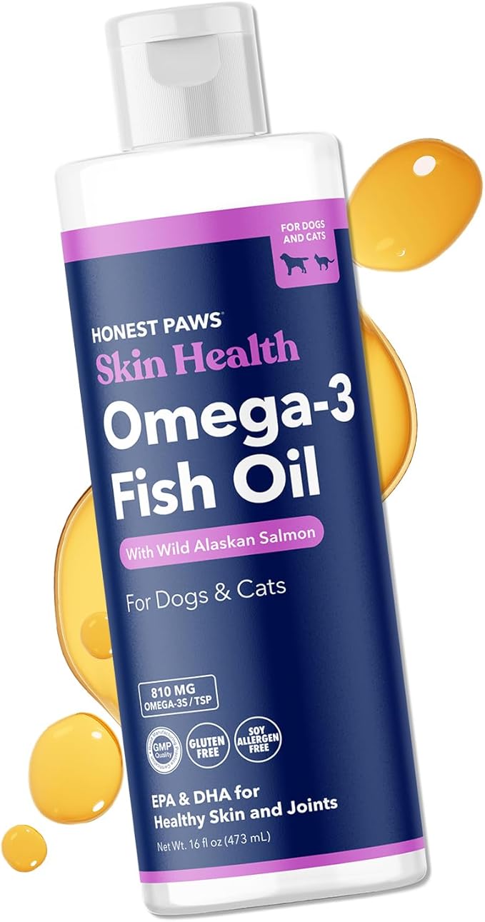 Honest Paws Fish Oil for Dogs - Omega 3 Wild Alaskan Salmon Oil - Healthy Skin, Joints, Nutritional Support, Shiny Coat - Fatty Acid, Pollock Oil - Sustainably Sourced - 16 Oz