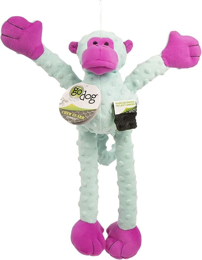 goDog Crazy Tugs Monkey Squeaky Plush Tug Dog Toy, Chew Guard Technology - Turquoise, Large