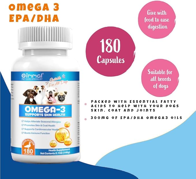 Omega 3 Fish Oil for Dogs - 180 Count Tablet Treats – Helps Shedding, Skin Allergy, Itch and Dry Skin Relief, Hot Spots - Joint Health - Skin and Coat Supplement - Salmon Oil - Duck Flavor