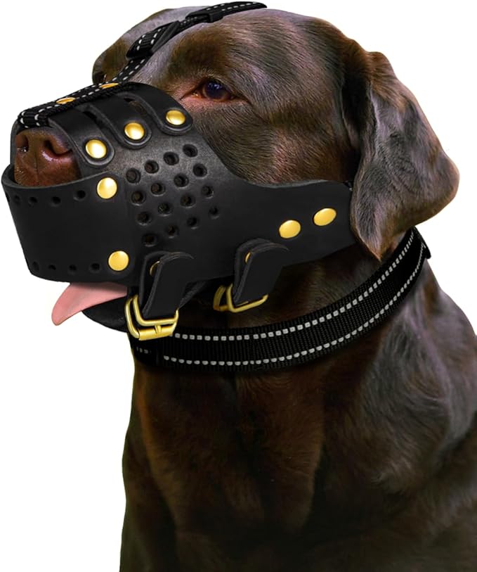 Dog Muzzle, Anti-Escape Leather Basket Muzzle for Medium and Large Dogs, Pitbull Dog Muzzle Leather Amstaff Muzzles Staffordshire Terrier Secure Basket, Prevents Biting, Barking and Chewing(Black,XL)