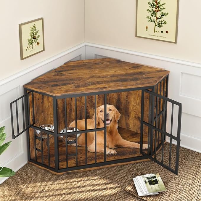 ROOMTEC 53 inch Furniture Dog Crate Corner, Dog Kennel Corner Wooden End Table with Bowl, Indoor Pet Crates Corner Side Table for Dogs, Wide Top Perfect for Limited Room