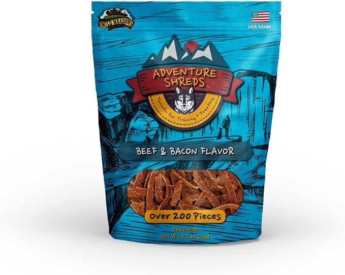 Wild Meadow Farms - Adventure Shreds Beef & Bacon Dog Treats, Soft & Thin Dog Treats for Training & Rewards, Grain-Free Snacks for Pets of All Breeds and Ages - 2.5 Ounce Pouch