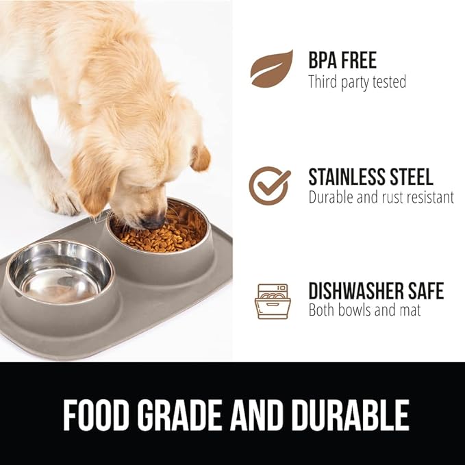 Gorilla Grip 100% Waterproof BPA Free Cat and Dog Bowls Silicone Feeding Mat Set, Stainless Steel Bowl Slip Resistant Raised Edges, Catch Water, Food Mess, No Spills, Pet Accessories, 3 Cup, Beige
