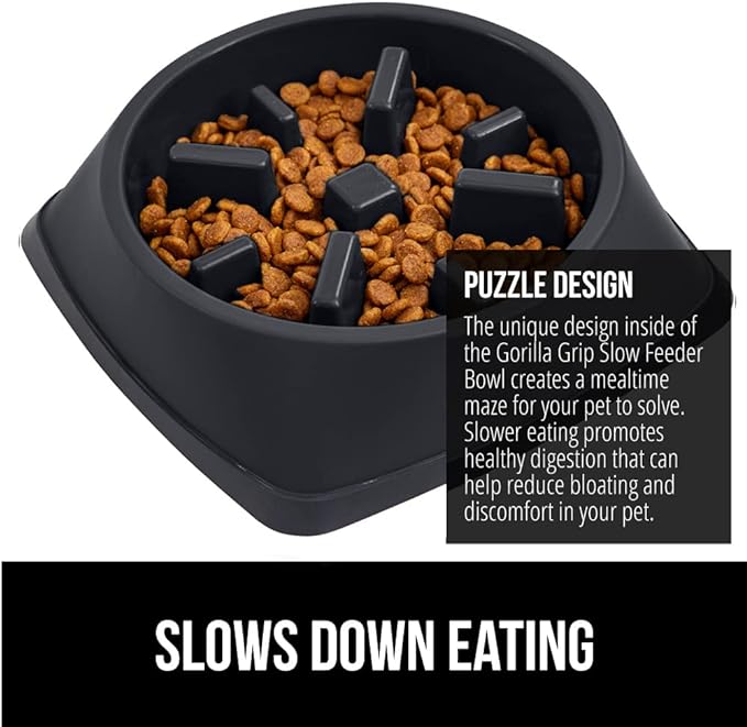 Gorilla Grip Slow Feeder Dog and Cat Bowls, Interactive Puzzle Toy for Dogs and Cats Food Training, Keeps Pets Busy and Prevents Puppy Overeating, Large, Small Breeds, 100% BPA Free, 2 Cup Black
