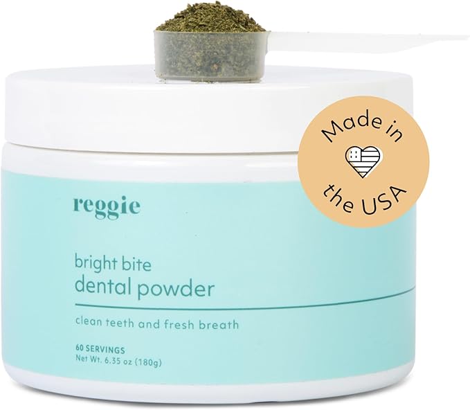 Reggie Bright Bite Dental Powder for Dogs | Reduces Bad Breath, Plaque, Tartar | Made in The USA, Organic, Vet-Approved, Ideal for All Ages & Breeds - 60 Scoops