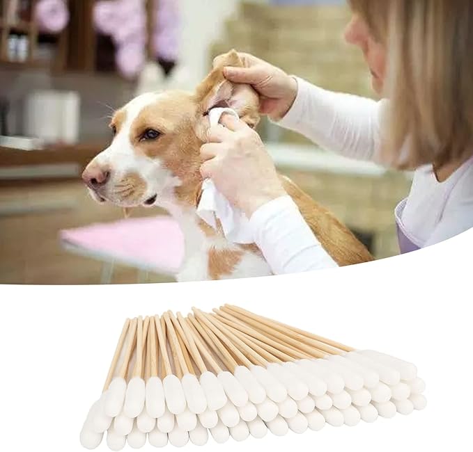 100Pcs Cotton Buds for Dogs and Cats, 6 Inch Long Qtips, Professional Dirt Removal Bamboo Stick Pet Lengthen Cotton Swabs for Cleaning Dog and Cat Ears, Apply Medicine, Clean Wound