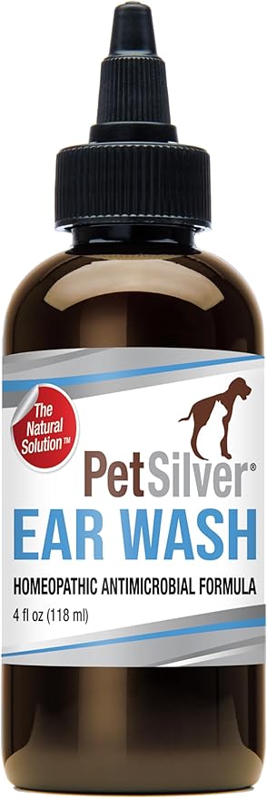 PetSilver Natural Ear Wash Flush with Patented Chelated Silver Formula, Cat and Dog Ear Cleaner and Treatment, Sooth and Clean Itchy and Inflamed Ears, Easy to Use, Made in USA, 4 oz.
