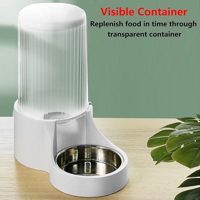 Automatic Cat Feeder, 3.8L Large Automatic Cat Feeders Gravity Cat Food Dispenser with Detachable Top Lid, Visible Bottle and Stainless Steel Bowl for Cat, Dog and Pet (White)