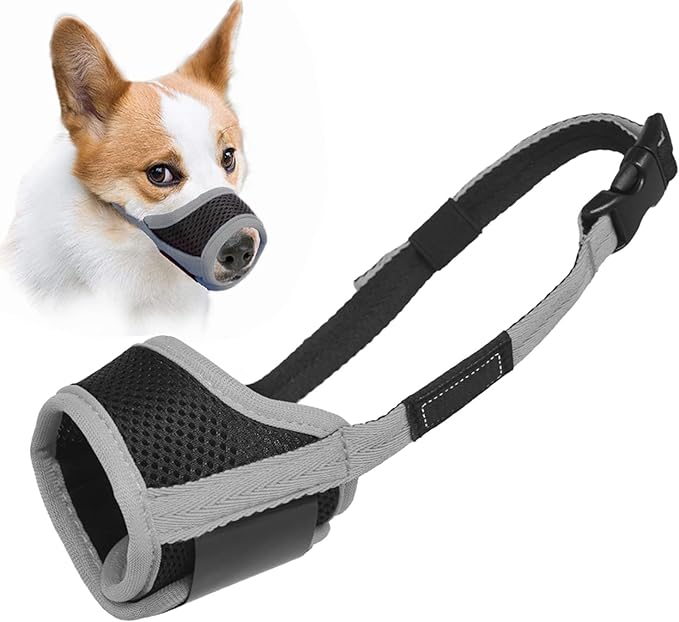 LUCKYPAW Dog Muzzle Anti Biting Barking and Chewing with Comfortable Mesh Soft Fabric and Adjustable Strap, Suitable for Small, Medium and Large Dogs(Gray Trim,M)