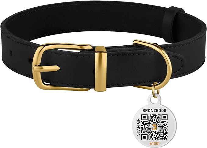 BRONZEDOG Leather Dog Collar with QR ID Tag Basic Pet Collars for Small Mini Dogs Cats Puppies (7-9 Inch (Pack of 1), Black & Gold Buckle)