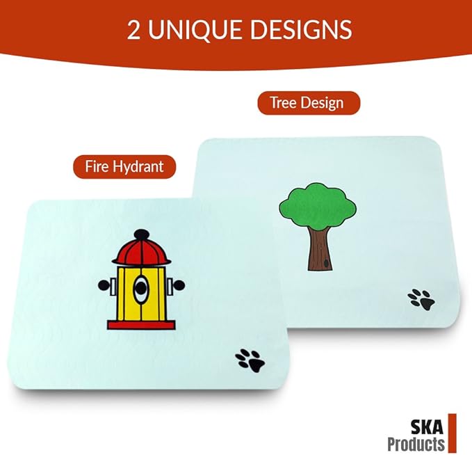 Cute Washable Puppy Pee Pads | 6 Pack Fire Hydrant, Tree Designs | Large Super Absorbent Wee Wee Potty Mats | Dog Housebreaking, Pet Crate Training | Multi-Purpose Reusable Eco-Friendly | Whelping