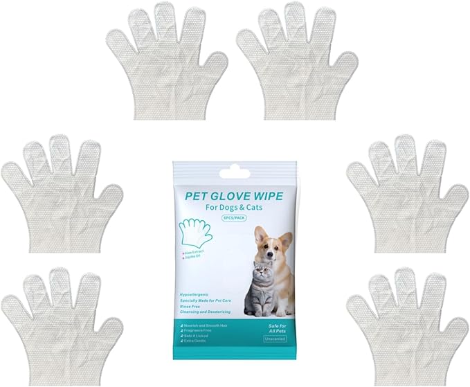 Pet Bathing Wipes for Dogs and Cats, Cleaning & Deodorizing Grooming Gloves, Nourishing Grooming Fur Glove Wipes for Daily Care and Traveling, 1 Pack, 6 PCS