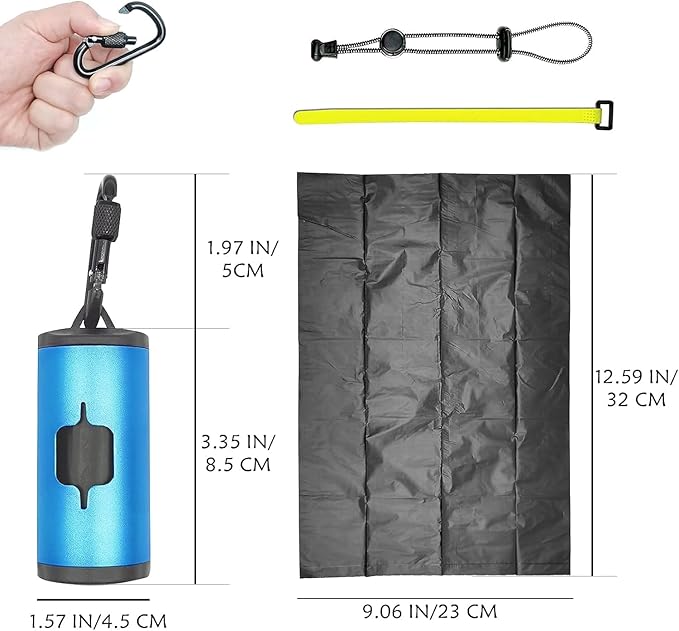 Metal Dog Poop Bags Holder Aluminum Poo Bags Dispenser with 15 Black Unscented Pet Waste Bags and 3 Leash Accessories for Dog Walking(1 Holder 15 Bags,Blue)