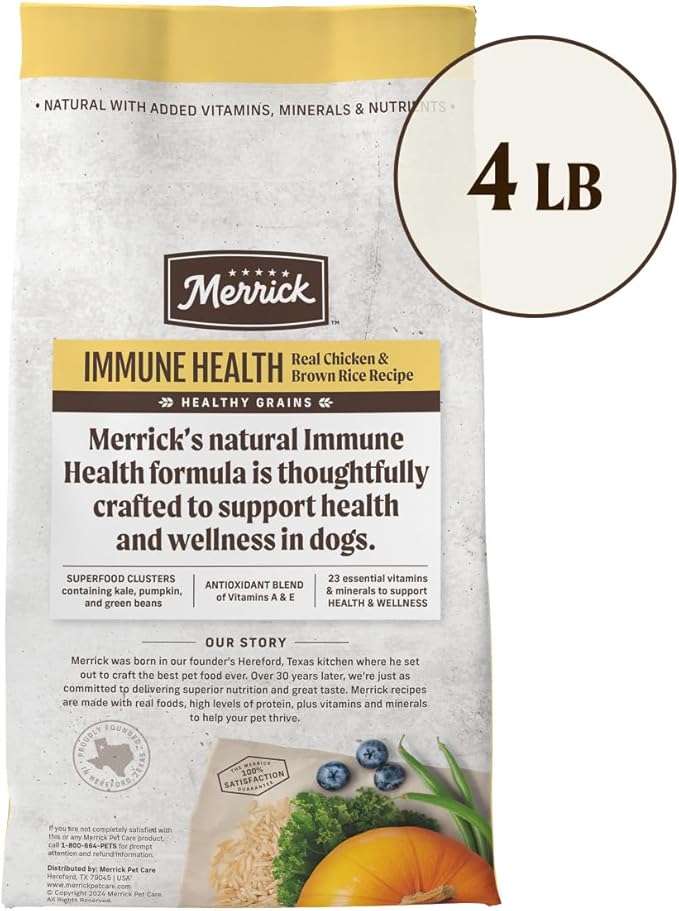 Merrick Immune Health Recipe, Healthy Grains Chicken Dry Dog Food with Freeze-Dried Clusters with Superfoods - 4 lb. Bag