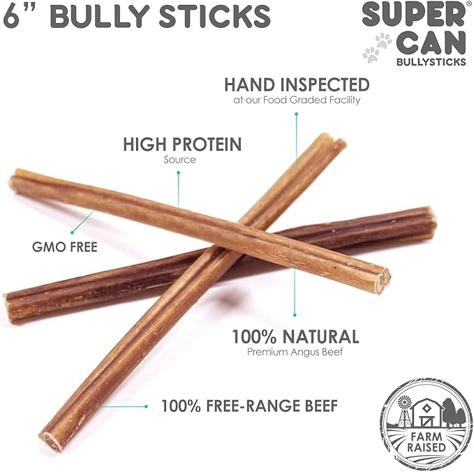Supercan Bully Sticks for Dogs 6" (15 Count) -100% Natural Farm Raised Beef Dog Chews. Free Range Grass Fed Non-GMO Treats for Dogs