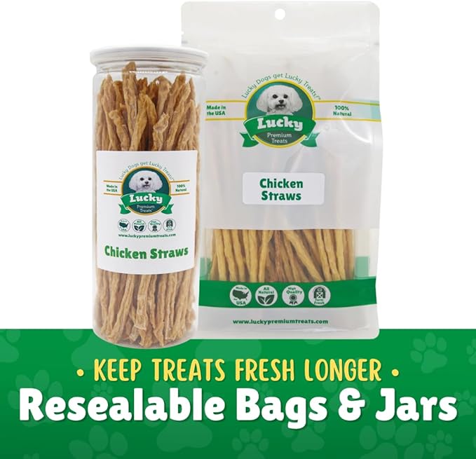 Lucky Premium Treats Chicken Straw Dog Treats – USA Made Single Ingredient Chicken Jerky for Dogs – All Natural Jerky Treat – 7 oz Jar