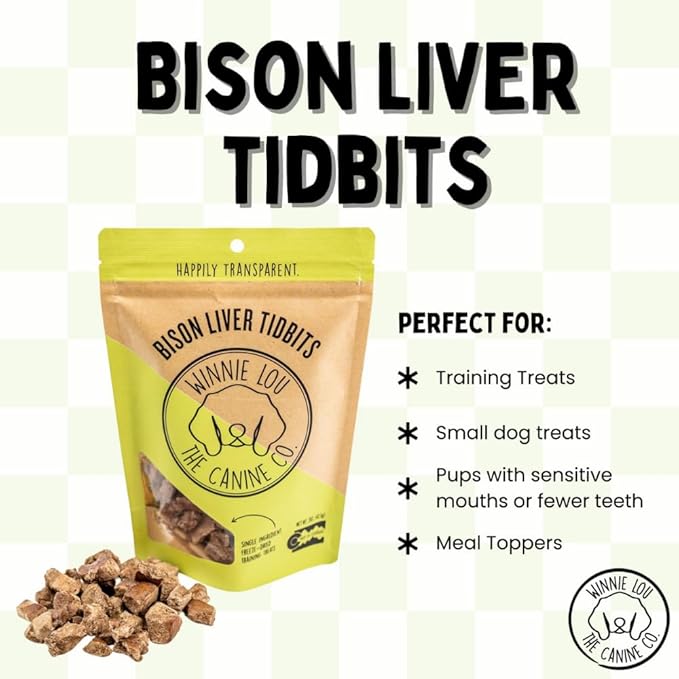 Winnie Lou Organic Dog Treats, Bison Liver Tidbits Jerky Human Grade Dog Treats for All Sized Breeds, All Natural Dog Treats with No-Added Sugar, Glycerin & Preservatives, Made in USA, 2.5 Oz (71g)