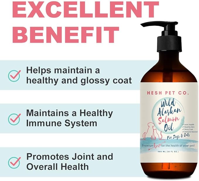 Premium Wild Alaskan Salmon Oil for Dogs & Cats 16oz Skin & Coat Natural Liquid Food Supplement for Pets, Fish Oil, Omega 3, EPA + DHA Fatty Acids for Joint Function, Immune & Heart Health!