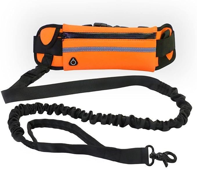 Hands Free Dog Leash with Pouch, 2 in 1 Retractable Dual Handle Bungee Waist Leash Rope for Small and Large Dogs, Adjustable Length Belt Suitable for Running, Walking, Jogging, Hiking, Training