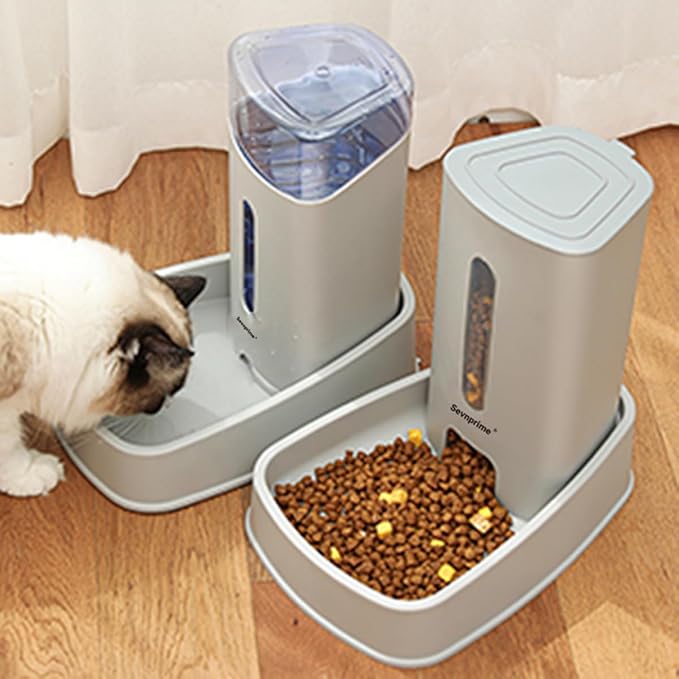 2PCS Cat Dog Feeder and Waterer Self-Dispensing Gray 3.8L Pets Automatic Feeder and Waterer Dispensing Set 12.8in x 7.87in x 12.2in Feeder and Water Bowl for Small Medium Pets