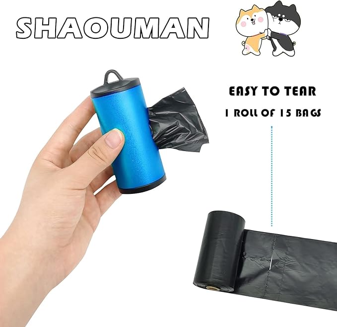 Metal Dog Poop Bags Holder Aluminum Poo Bags Dispenser with 15 Black Unscented Pet Waste Bags and 3 Leash Accessories for Dog Walking(1 Holder 15 Bags,Blue)