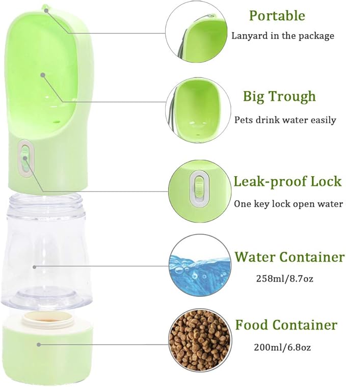 Dog Water Bottle for Walking, Multifunctional and Portable Dog Travel Water Dispenser with Food Container,Detachable Design Combo Cup for Drinking and Eating,Suitable for Cats and Puppy