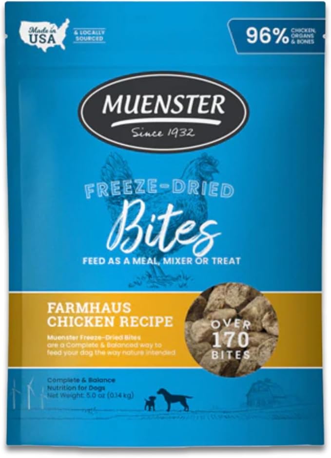 Muenster Freeze Dried Dog Food Topper Bites (5oz) - Farmhaus Chicken Freeze Dried Raw Dog Food w/Organic Minerals - Chicken & Organ Meats Soft Dry Dog Food - Freeze Dried Dog Treats