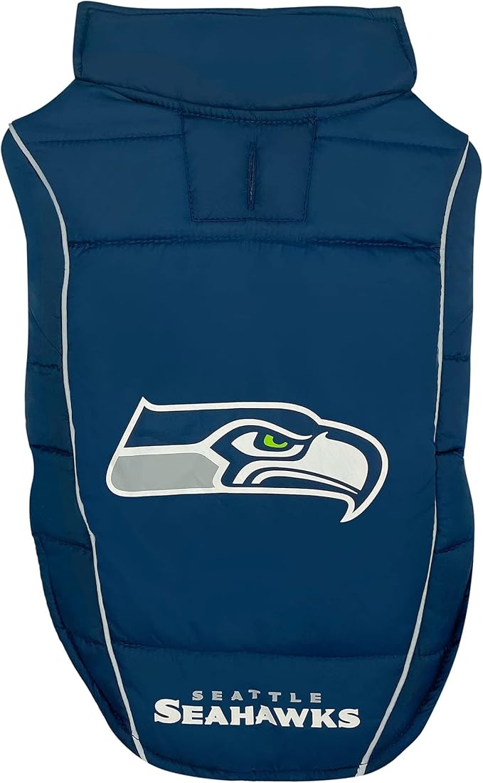 NFL New Seattle Seahawks Puffer Vest for Dogs & Cats, Size Small. Warm, Cozy, and Waterproof Dog Coat, for Small and Large Dogs/Cats. Best NFL Licensed PET Warming Sports Jacket